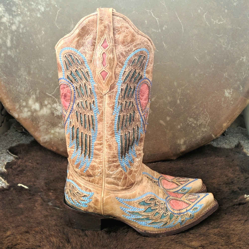 CORRAL A1976 wings & hearts distressed tan leather cowgirl boots snip toe sz 7 - Picture 9 of 16